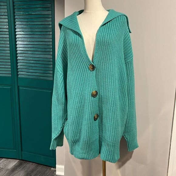 Free People NWT Swim Too Deep Oversized Cardi in Turqoise - oversize XS $158 - Picture 3 of 9